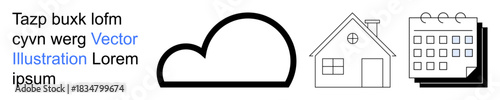 Cloud storage, real estate, scheduling, planning, digital tools, time management. A cloud, house and calendar in bold line art. Cloud storage and real estate concept