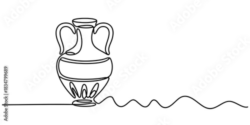 Continuous one line art drawing of an ancient greek amphora, an antique pottery vase, with two handles, a classic silhouette, minimalist style. Vector, illustration