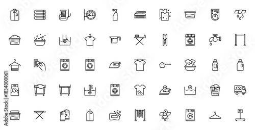 Laundry icon set. Vector laundry symbols collection.Includes shirt, washing mahine, iron, detergent, baset, hanger, clothesline an more. Editable stroke.