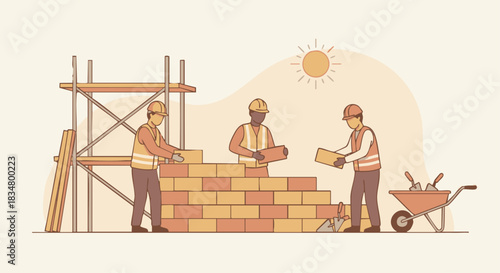 “Construction crew laying bricks on a wall, clean flat design, soft warm tones, simple tools and scaffolding elements.”