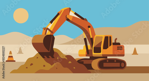 “Flat vector of an excavator digging soil on a construction site, minimal equipment details, warm earth tones, modern flat style.”