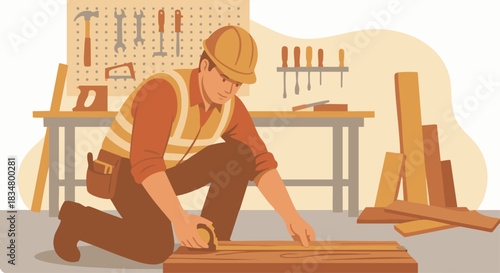 “Flat vector of a construction worker measuring a plank with a tape measure, warm color palette, simple workshop background.”