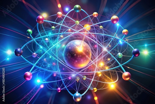 A vibrant abstract representation of subatomic particles orbiting a central nucleus, depicting the complex and dynamic nature of matter at its most fundamental level.