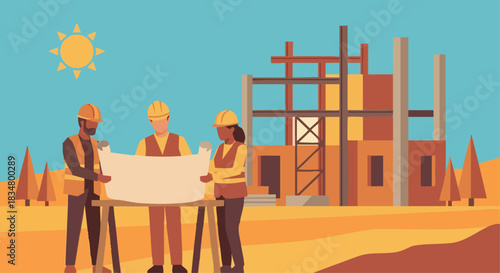 “Workers reviewing blueprints at a construction site, flat geometric shapes, warm palette, simple building framework in background.”