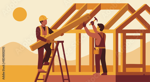 “Two workers installing wooden beams on a house frame, clean flat vector style, simple shapes, warm construction theme.”