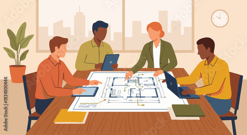 “Engineers collaborating around a large blueprint spread on a conference table, flat vector style, warm professional palette, minimal office background.”