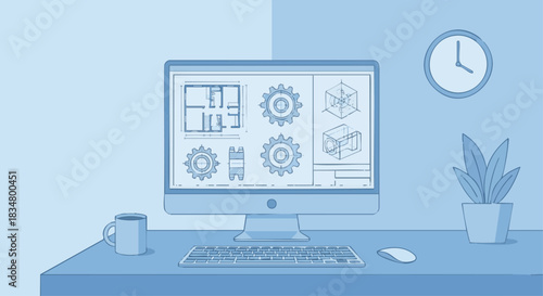 “Flat vector of a computer screen displaying digital CAD drawings, modern engineering setup, simple geometric shapes, soft blue tones.”