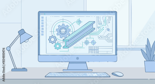“Flat vector of a computer screen displaying digital CAD drawings, modern engineering setup, simple geometric shapes, soft blue tones.”