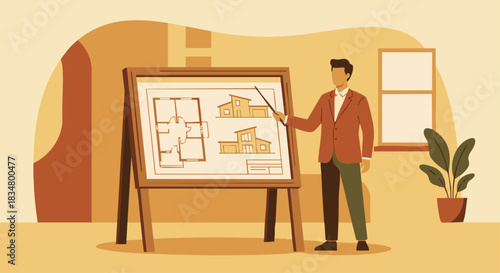 “Architect presenting building blueprints on a standing board, flat warm palette, minimal clean architectural shapes.”
