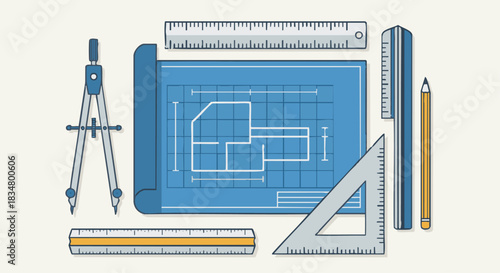 “Flat-style vector of engineering tools—compass, ruler, scale, drafting triangle—arranged around a blueprint sheet, clean geometric layout.”