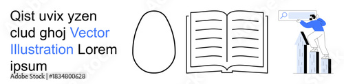 Education, business analytics, knowledge, digital search, market research, and progress. Elements include a book, an egg shape and a person analyzing charts. Business analytics and education concept