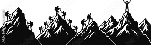 WebBlack Silhouette Mountain Climbers and Mountaineering Scene: Vector Illustration of People Reaching Peak, Climbing, and Achieving Goal on Jagged Rocky Mountains Panorama.