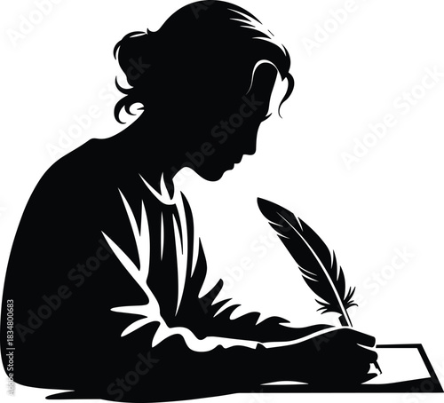 Black silhouette of person writing with quill pen, vintage writer illustration, creative literature art concept, education and classic poetry design element