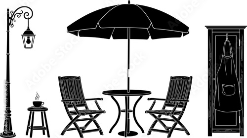 Black silhouette vector set of outdoor cafe and patio furniture, including umbrella, wooden chairs, table, street lamp, coffee cup, and a cabinet with an apron; leisure and relaxation.