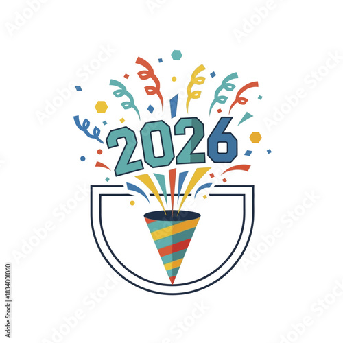 Happy New Year 2026 Celebration with Confetti and Party Popper.