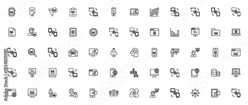 Data Science icon set. Vector illustration. Includessymbols for analytics, datbase, transfer, sync, smarphone, cloud, stats, presetation and more.