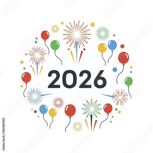 Happy New Year 2026 Celebration with Fireworks and Balloons.