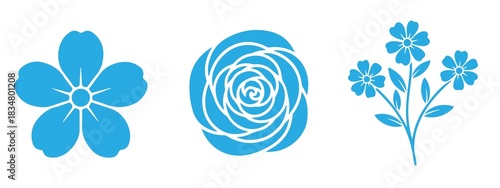 Three blue flower icons including a five petal flower and a rose design