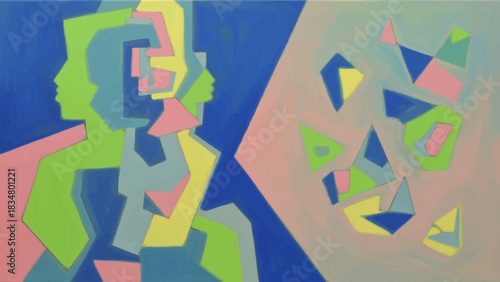 An abstract painting featuring cubist-style human figures and fragmented geometric shapes in a colorful palette.