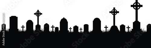 Graveyard silhouette, cemetery tombstones, gothic crosses, spooky Halloween background, dark memorial scene, mourning concept, gothic art, remembrance, RIP grave illustration