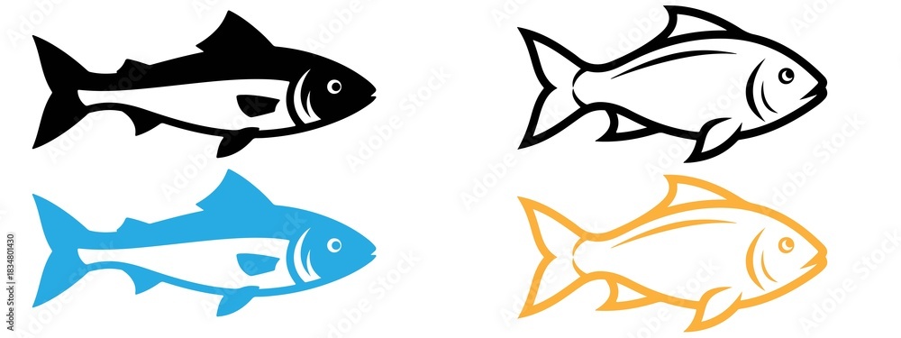 Fototapeta premium Four stylized fish illustrations in black blue white and orange colors