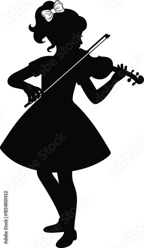 Silhouette of little girl playing violin wearing cute dress and bow, perfect for music school, children concert, vintage decor art