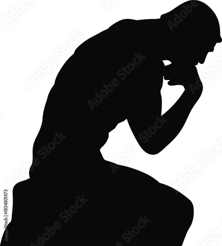 Silhouette of thinker statue, deep thought, sitting man, intellectual pose, philosophy concept, reflective figure, mental focus, classic art, sculpture, inspiration