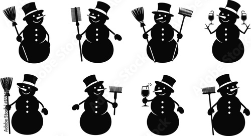 Silhouette snowman collection with broom, brush, rake, wine glass, winter holiday decoration, festive cartoon character, Christmas design element, vector illustration