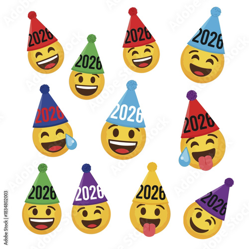 Happy New Year 2026 Emojis with Party Hats Collection.