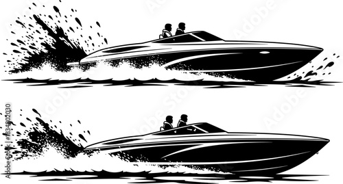 Black vector illustration of a speed boat slicing through water at high speed, creating a large wake and splash, symbolizing fast action, water sports, recreation, and luxury travel