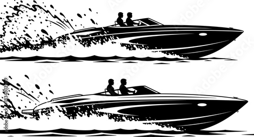 Black vector illustration of a speed boat with passengers cruising fast across water, creating massive splash and wake, symbolizing high-speed water sports, recreation, freedom, and extreme action