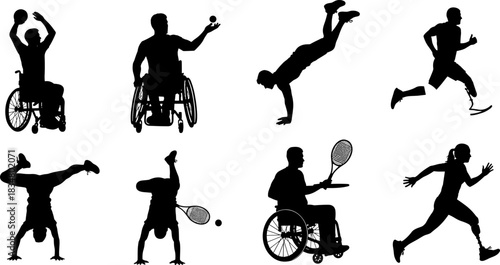 Black vector silhouettes of diverse athletes demonstrating adaptive sports and fitness, including wheelchair basketball, running with prosthetics, tennis, and gymnastics handstands; 