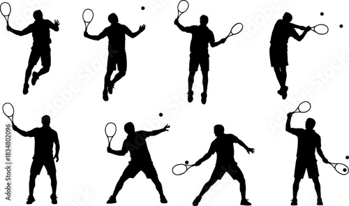 Black vector silhouettes of male tennis players jumping and hitting the ball in various dynamic poses; collection includes smash, serve, and volley action shots for sports design.