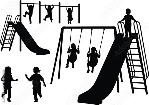 Children playing on playground swings and slides silhouette vector illustration, outdoor park recreation, kids enjoying active playtime, childhood fun and happiness concept
