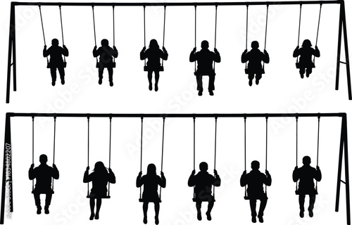 Children swinging on playground swing set silhouette vector illustration, outdoor playtime concept, fun recreation activity, childhood joy and park design