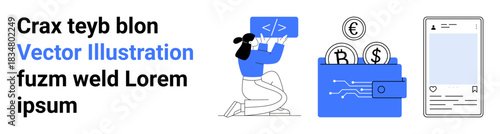 Financial technology, digital wallets, coding, app development, investment, cryptocurrency. Female coder holding code, digital wallet with coins smartphone with application. Financial technology