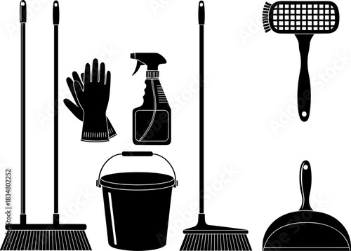 Cleaning tools vector illustration featuring brooms, bucket, gloves, spray bottle, dustpan, and brush, perfect for housekeeping, janitorial services, sanitation, 