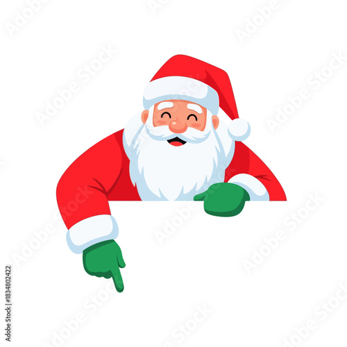 Cheerful Santa Claus Peeking Over Blank Banner, Pointing Down