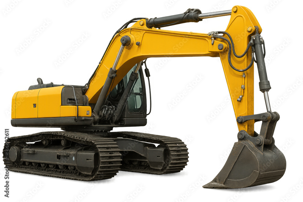Fototapeta premium Yellow excavator with crawler tracks and digging bucket, heavy construction machinery on transparent background