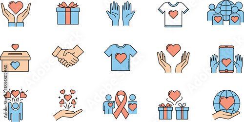 Set of Charity, Donation, Volunteering, Handshake, Heart, Gift, and Community Outreach Flat Line Color Icons Vector Illustration