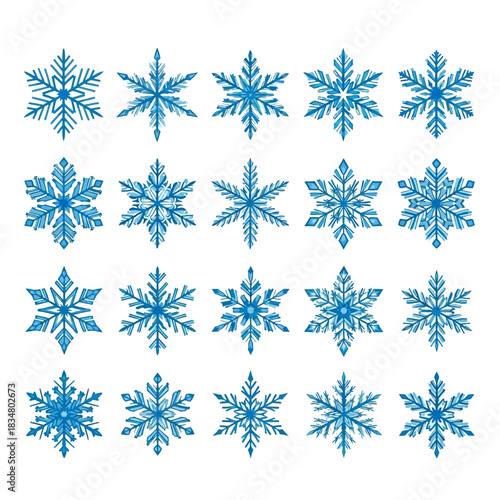 Collection of 20 Blue Winter Snowflakes - Detailed Vector Set Isolated on White Background.
