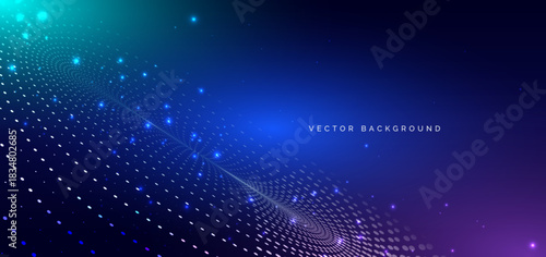 Technology dotted glowing curve on dark blue background. Big data communication network concept.