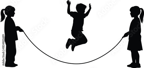 Three Children Silhouettes Playing Jump Rope Vector Illustration, Representing Childhood Fun, Outdoor Play, Recreation, Fitness, Teamwork, and Happy Summer Activity Design