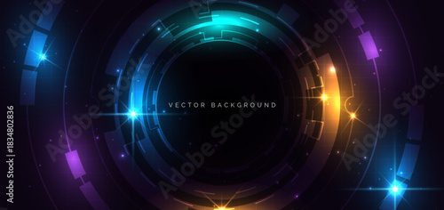 Multicolor lighting technology circle element glowing on dark background. Future tech concept.