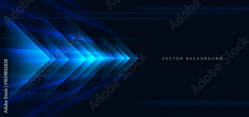 Arrow blue glowing on dark background. Hi tech speed light concept.