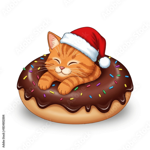Adorable Christmas Kitten Wearing a Santa Hat Nestled in a Chocolate Donut with Sprinkles