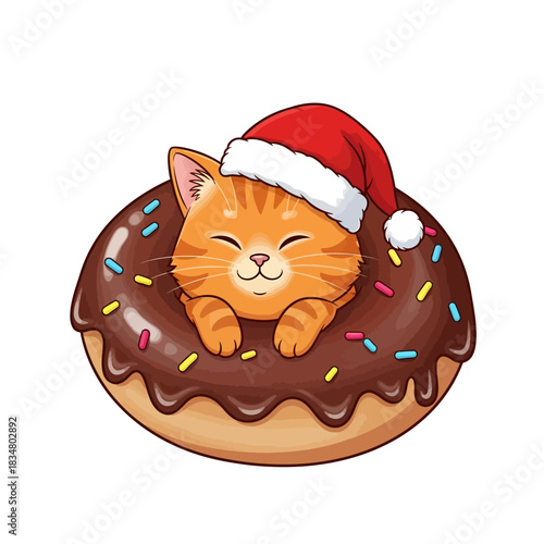 Adorable Cartoon Kitten in a Santa Hat Relaxing in a Chocolate Donut with Sprinkles