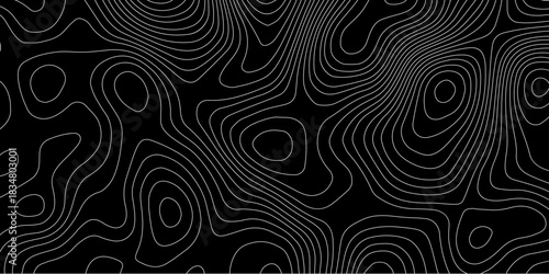 abstract topographic map with white contour lines and black background depicting abstract terrain and elevation patterns.