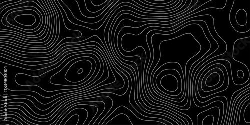 abstract topographic map with white contour lines and black background depicting abstract terrain and elevation patterns.
