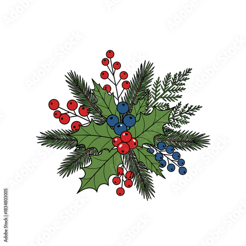Christmas Holly and Pine Sprig Wreath Illustration with Red and Blue Berries on White Background